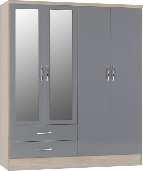 Grey Gloss 4 Door Wardrobe with 2 Drawers Large Storage Bedroom Closet