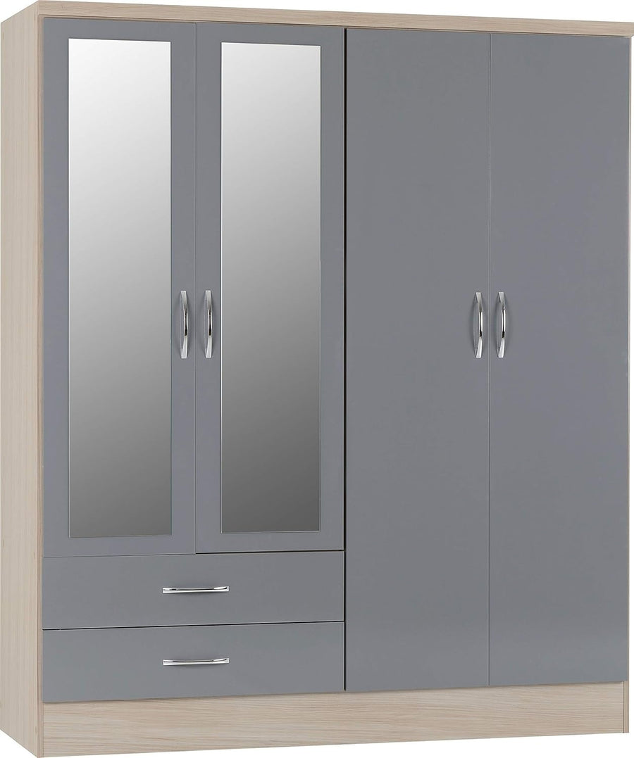 Grey Gloss 4 Door Wardrobe with 2 Drawers Large Storage Bedroom Closet