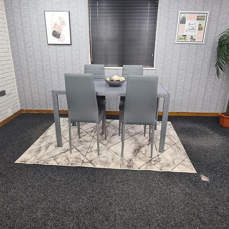 Grey Glass Dining Table Set with 4 Leather Chairs Modern Kitchen Furniture