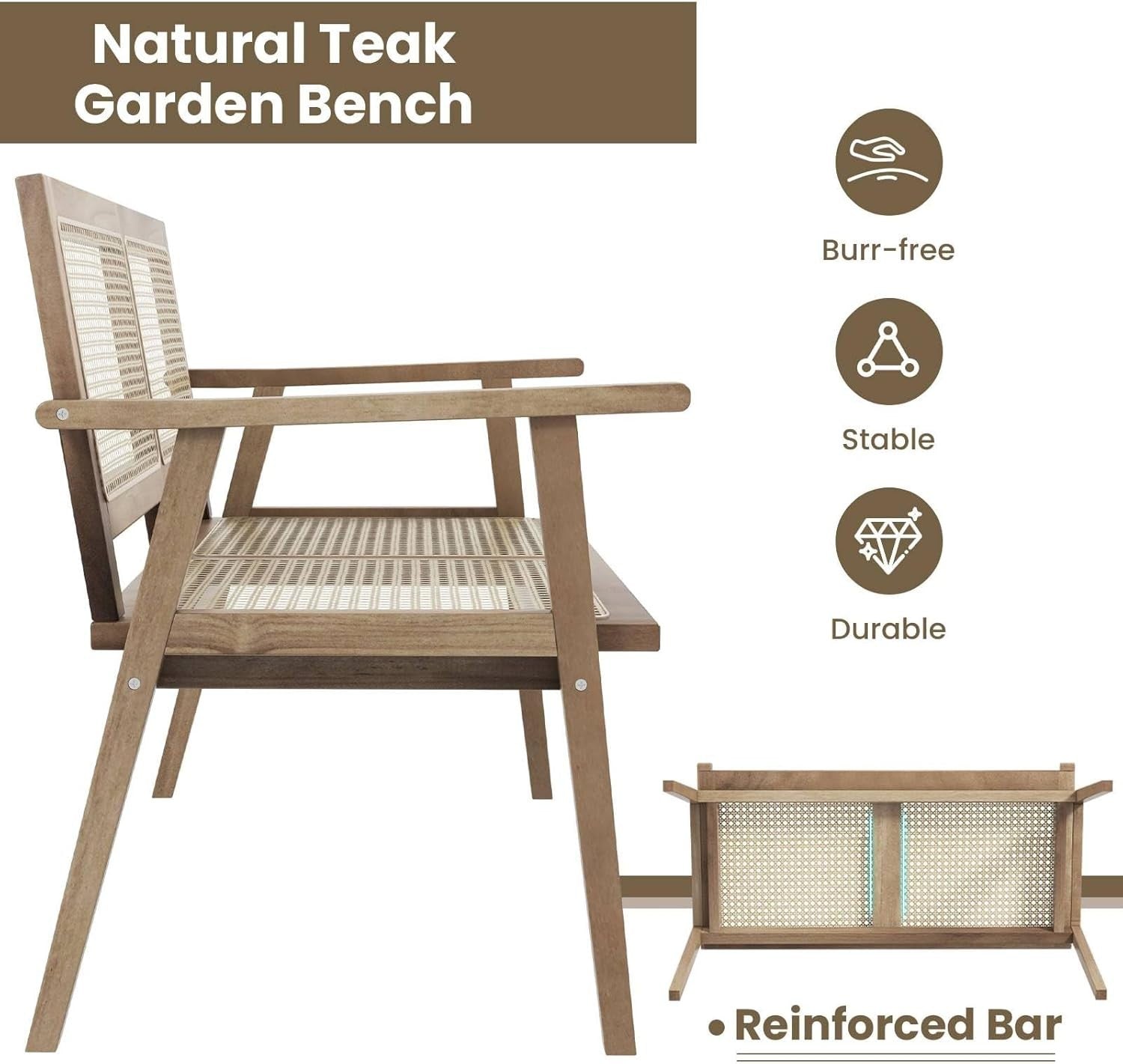 2 Seater Garden Bench with Rattan Seat Natural Wood Patio Love Seat
