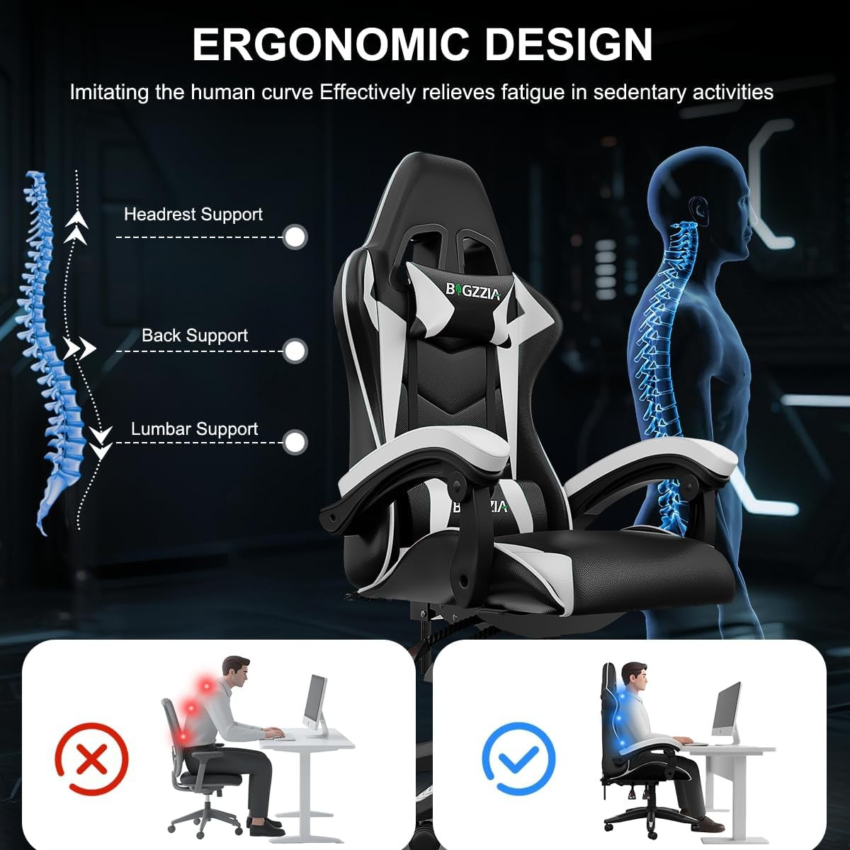 Gaming Chair with Bluetooth Speaker Reclining PU Leather White