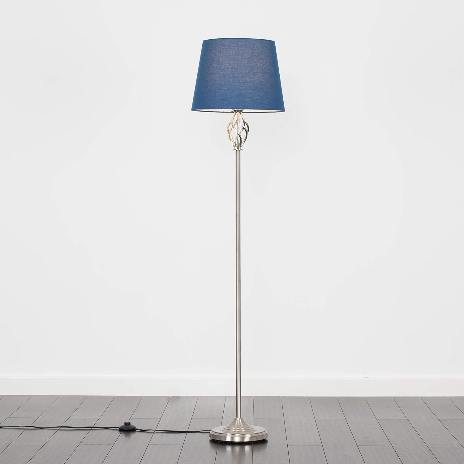 Traditional Nickel Twist Floor Lamp Navy Blue Tapered Shade Living Room Light