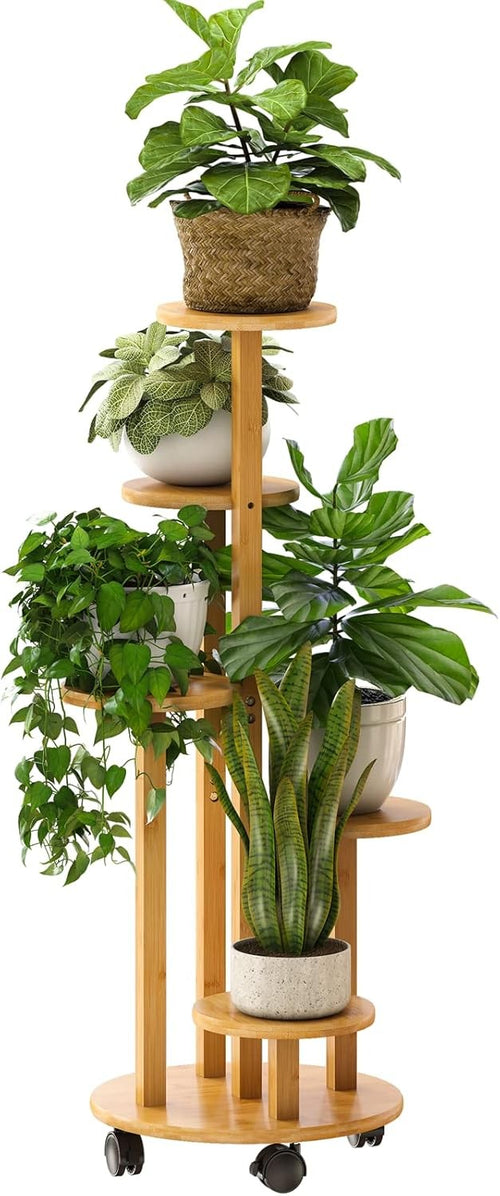 5 Tier Natural Bamboo Plant Stand with Wheels Indoor Outdoor Corner Shelf