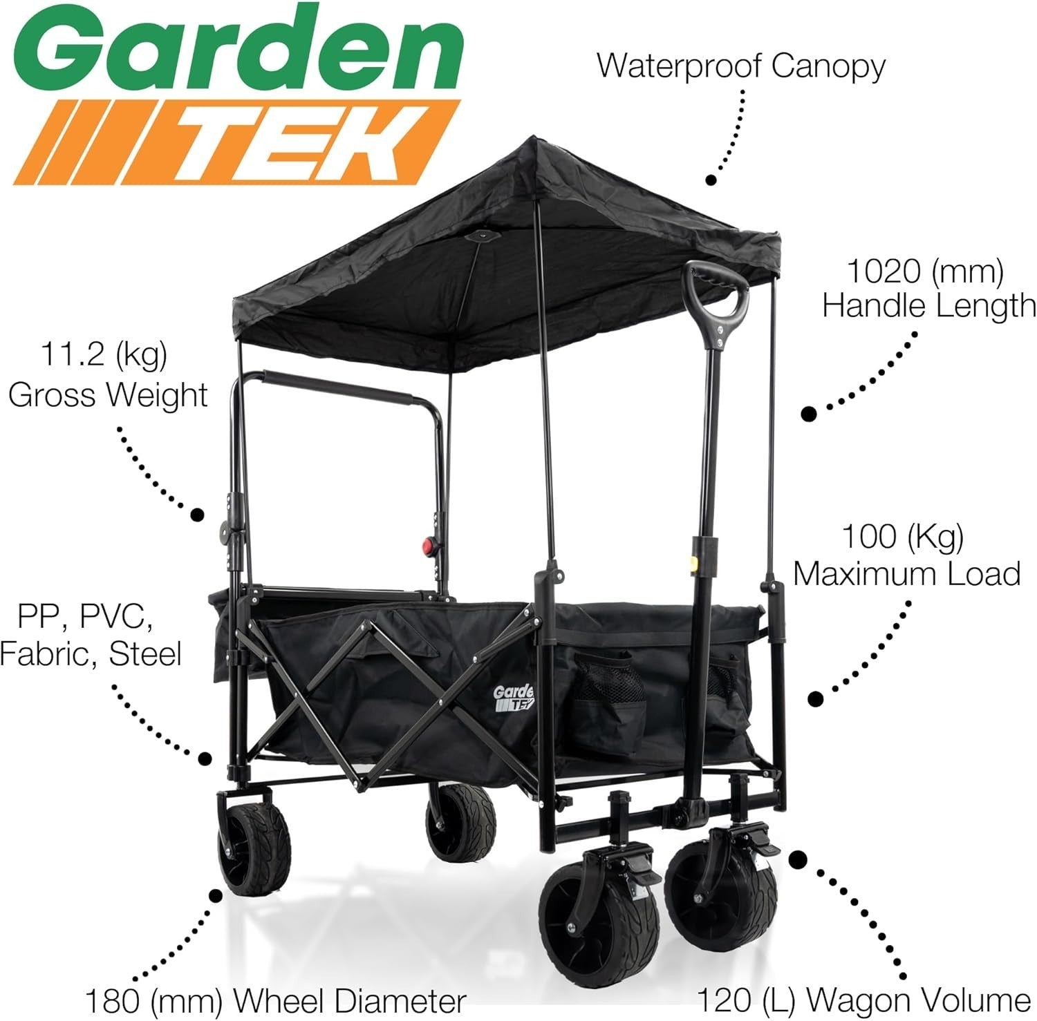 120L Folding Garden Trolley Wagon Cart With Canopy & Brakes Outdoor