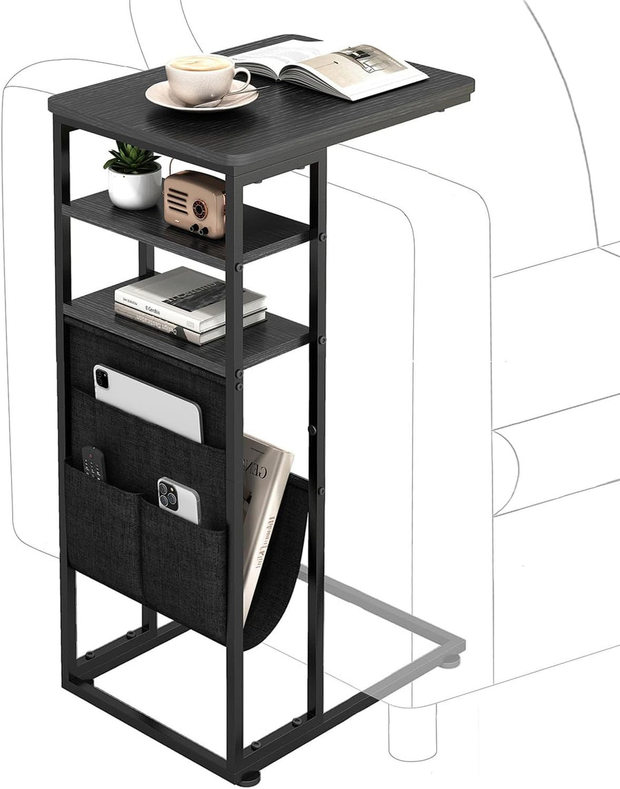 Black C-Shaped End Table 3-Tier Slim Side Table with Storage Bag for Sofa