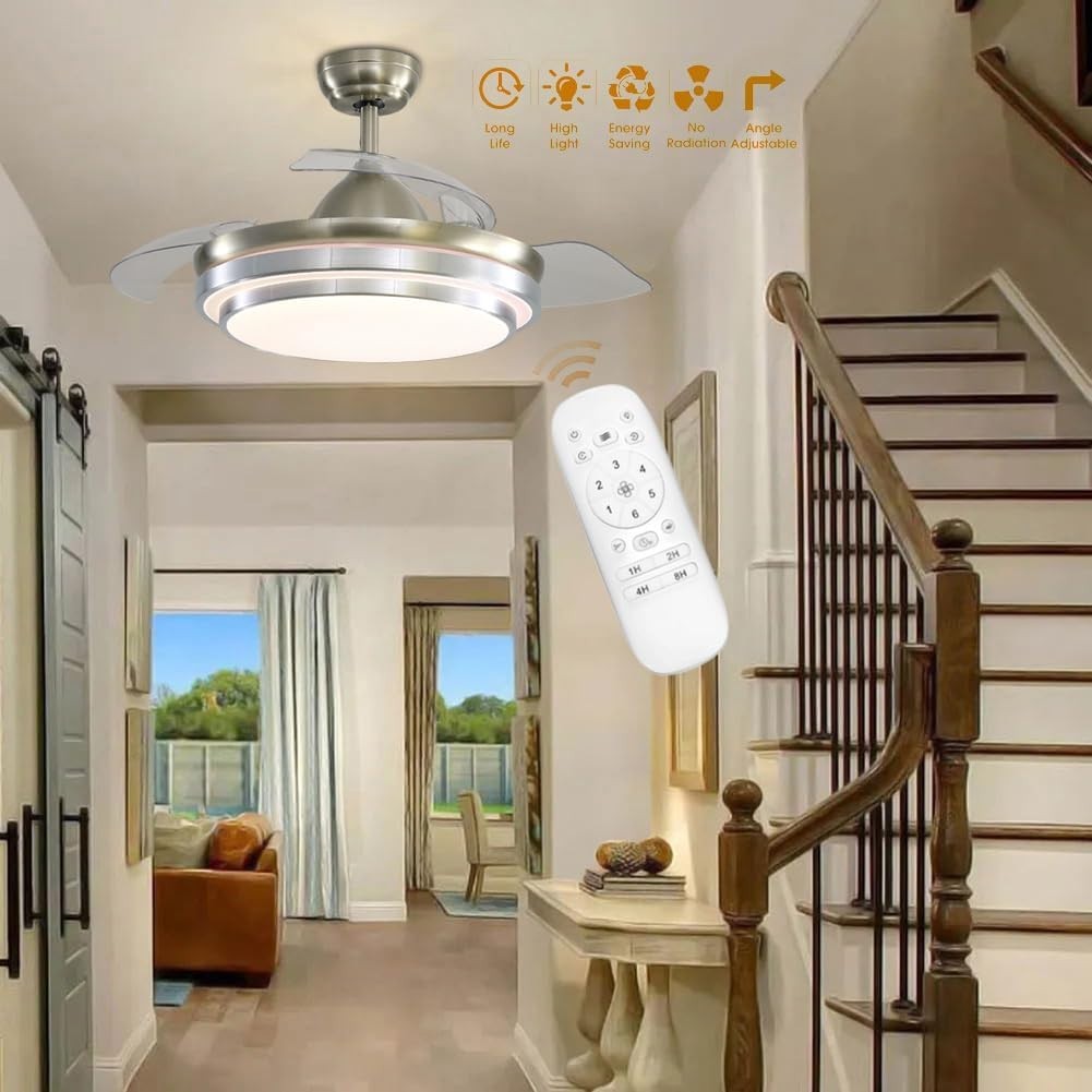 Warmiehomy 42" Ceiling Fan with Lights Retractable Blades 36W LED Sliver