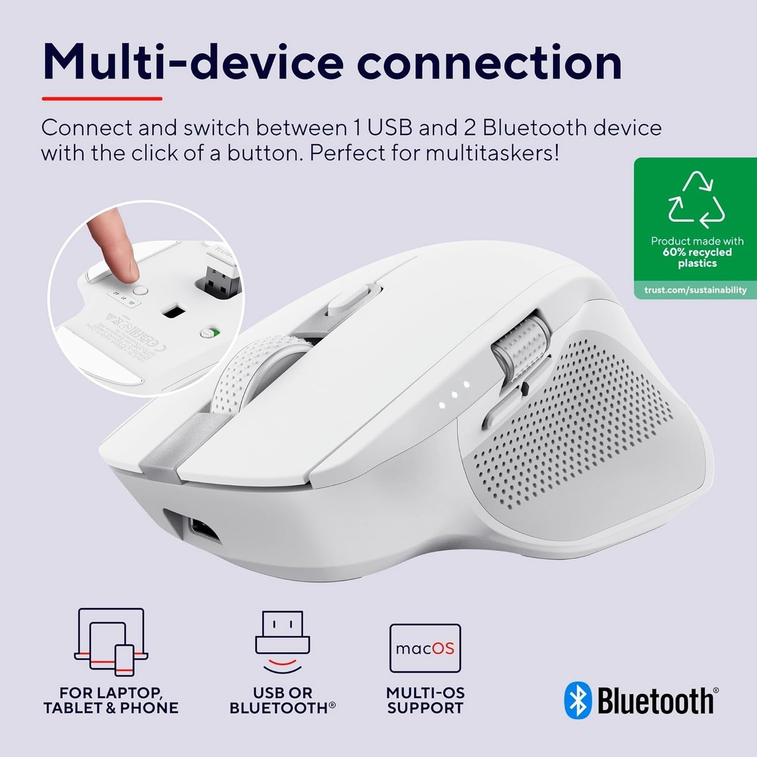 Wireless Bluetooth Mouse Multi Device Silent Rechargeable White