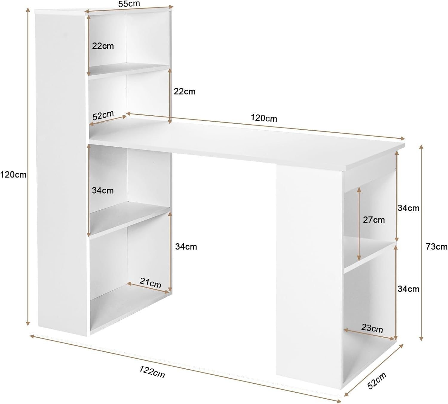 White Computer Desk 122x52cm w/6-Tier Storage Shelves, Home Office Table