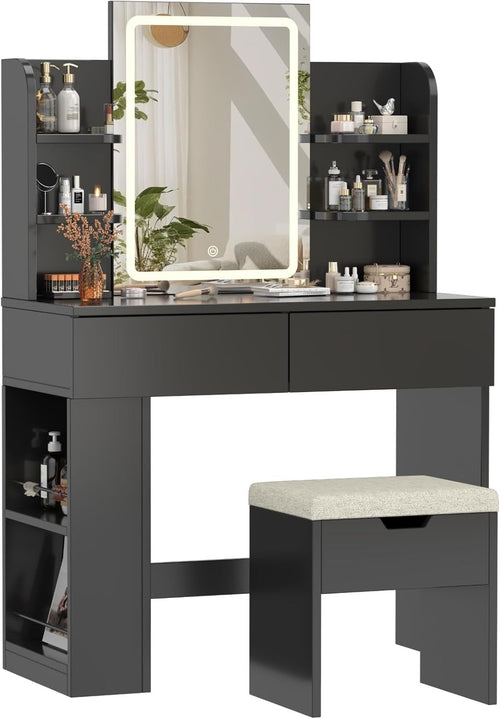 LED Dressing Table Makeup Vanity Set with Drawers Stool Mirror Bedroom Black