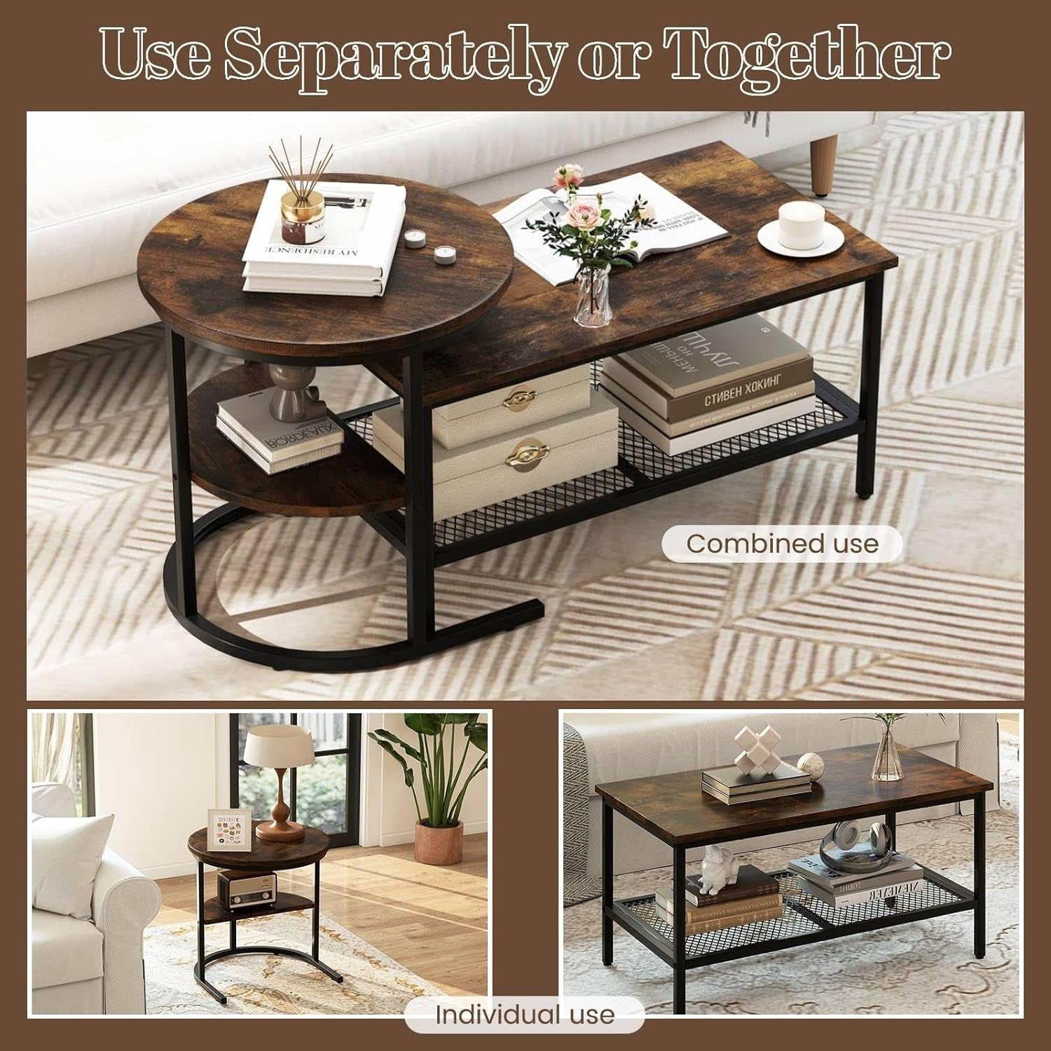 2-in-1 Coffee Table Set Large Round Side Table Rustic Industrial Metal Wood