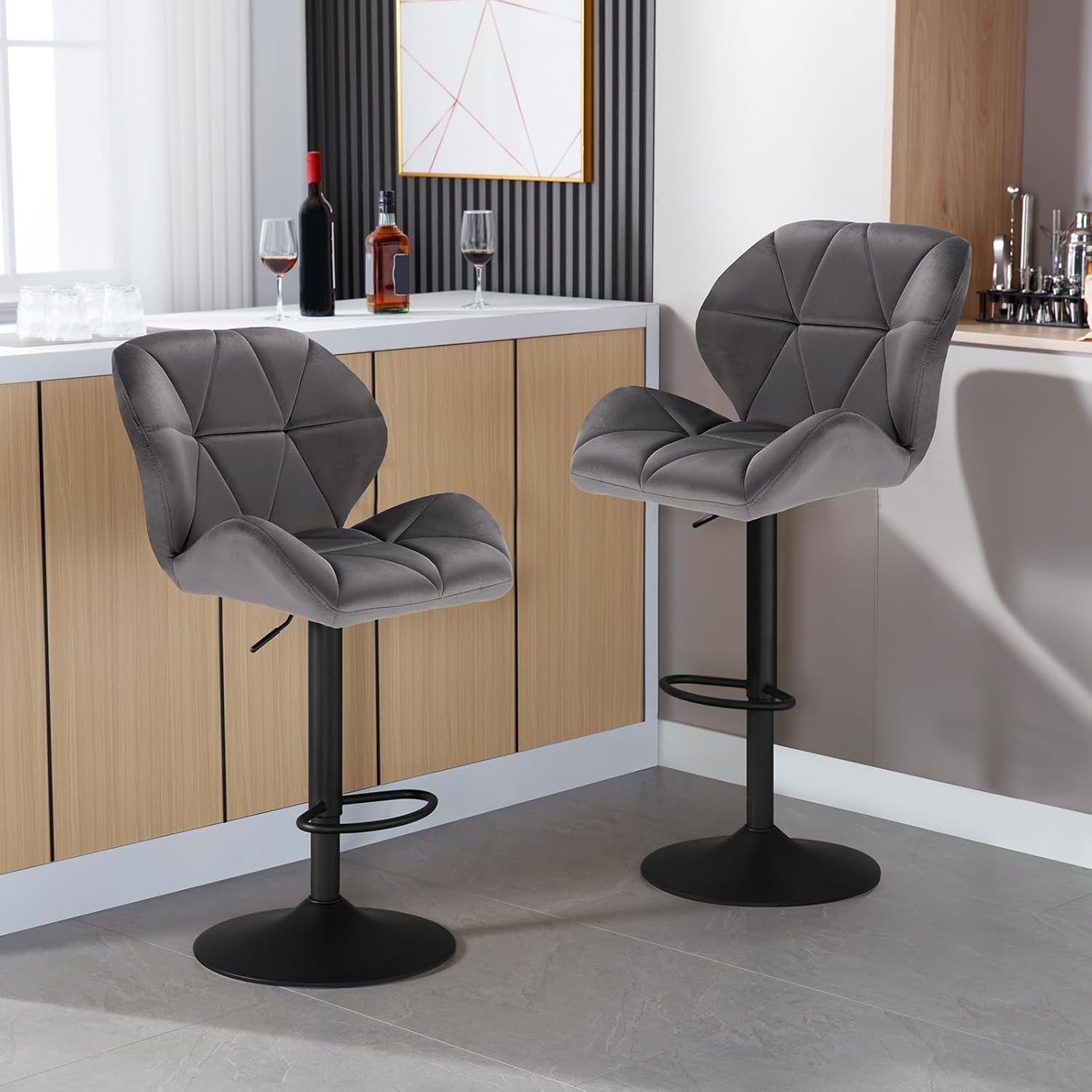 Swivel Bar Stools Set of 2 Adjustable Counter Chairs Dark Grey