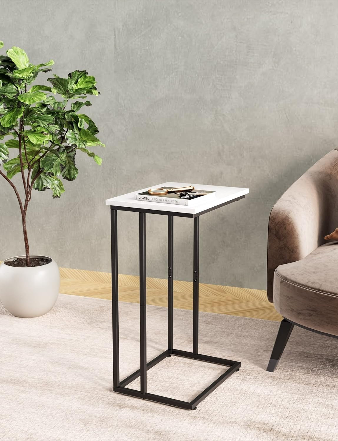 Wide C Side Table Sofa Laptop Desk Bed Snack End Table Metal Frame White