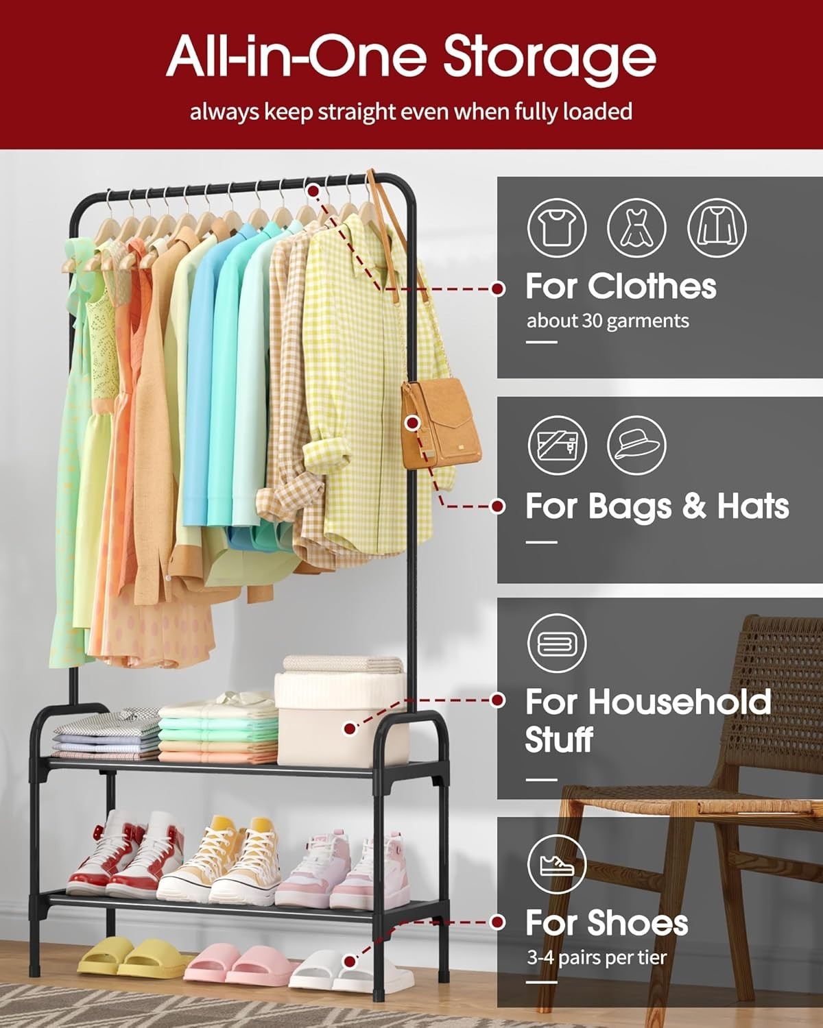 Heavy Duty Clothes Rail With 2-Tier Shoe Rack & Non-Slip Feet