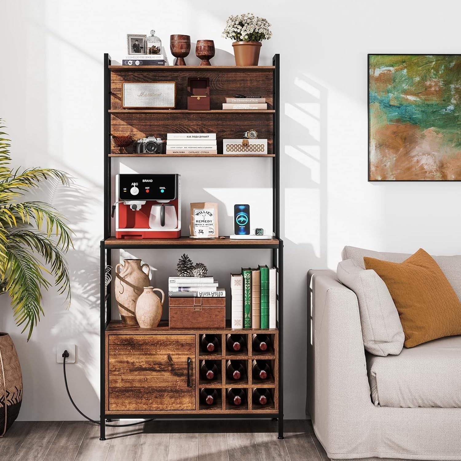 Kitchen Baker’s Rack Wine Bar Cabinet with Power Outlets, Rustic Brown Storage
