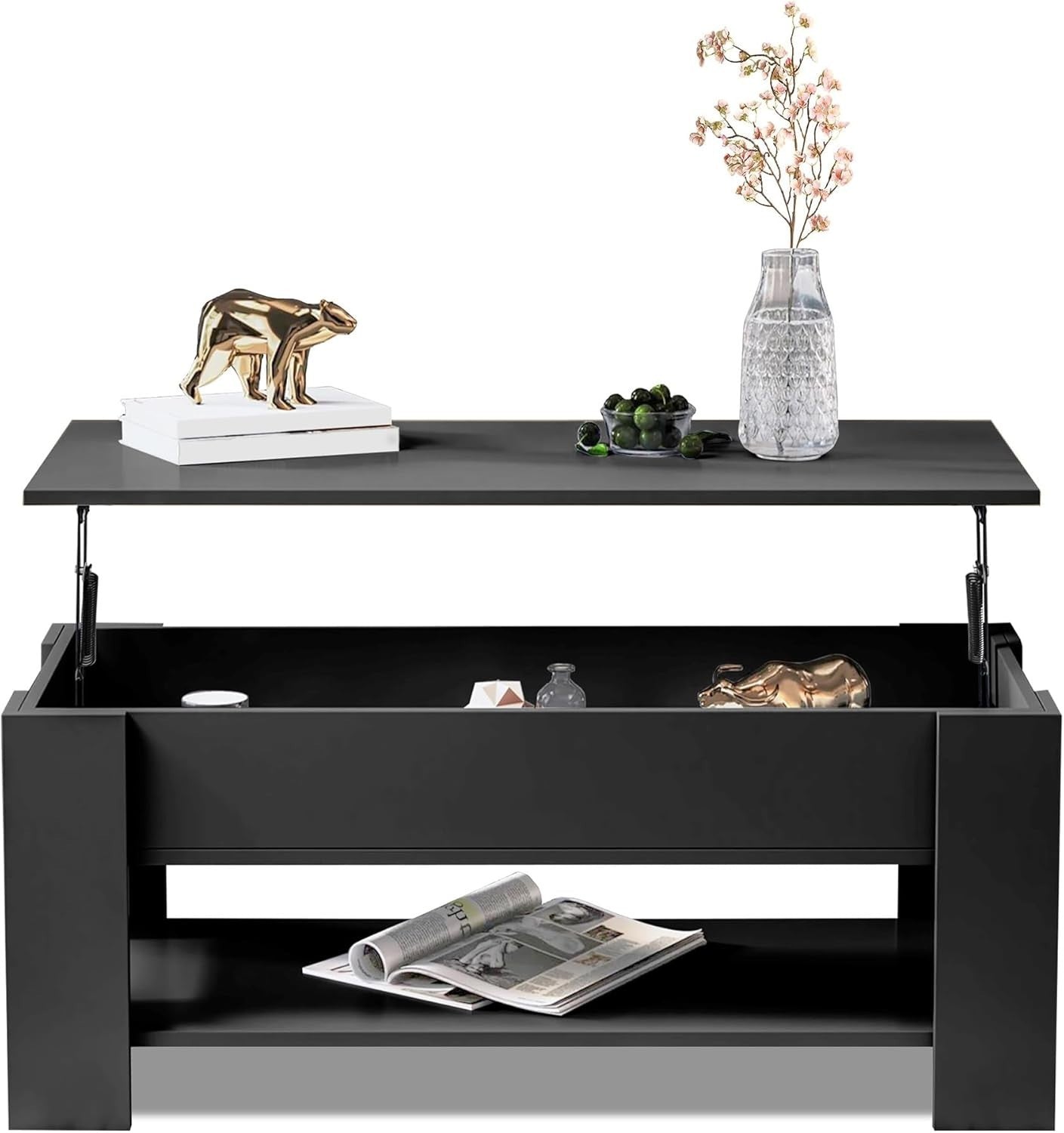 Lift Up Coffee Table with Storage, Black 100x50cm Adjustable Height