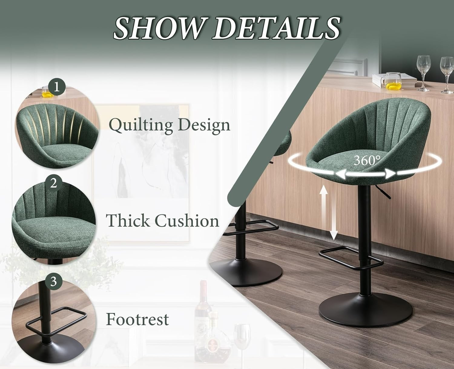 Set of 4 Green Fabric Bar Stools Adjustable Swivel Counter Chairs
