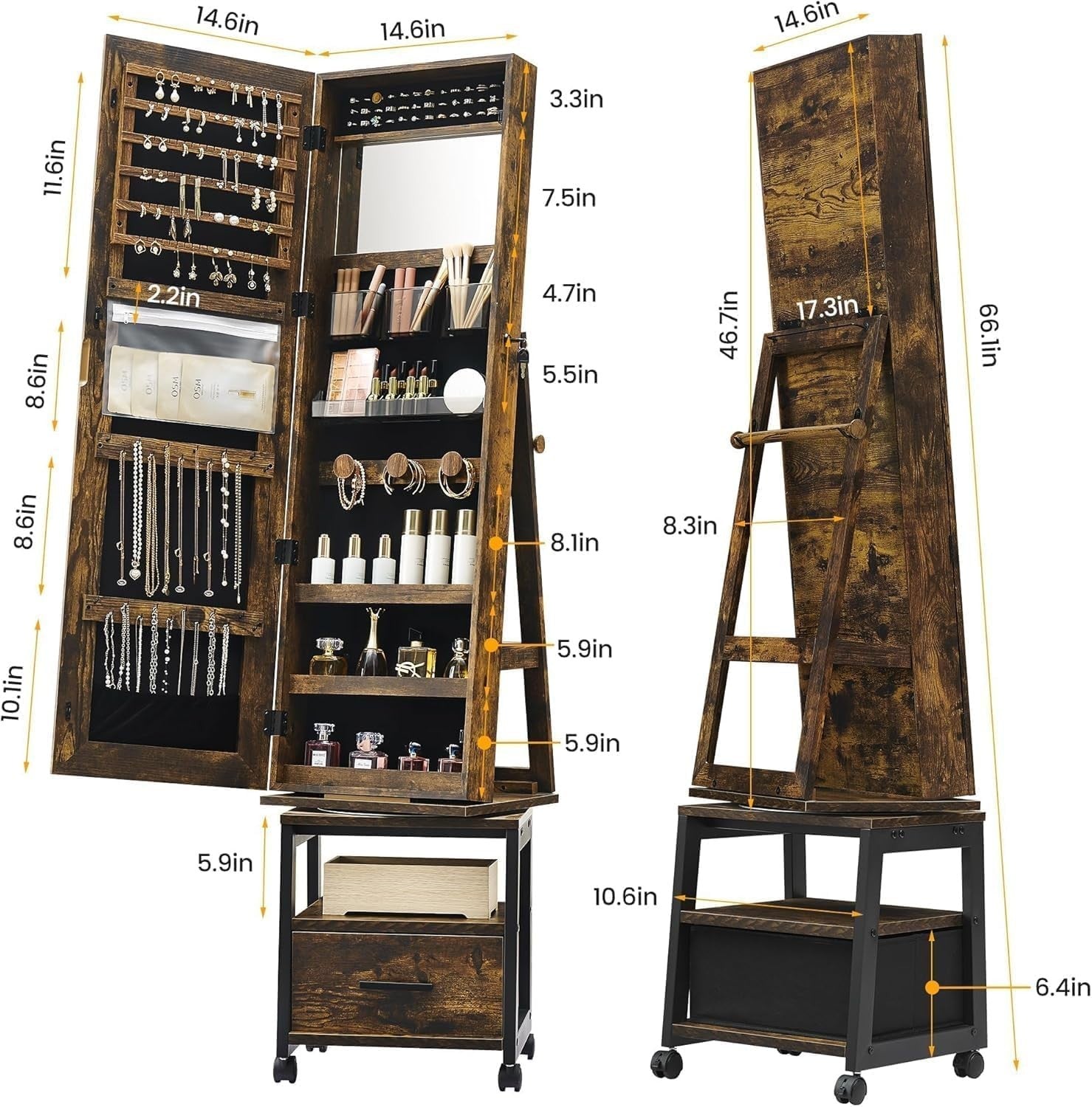 Rustic Brown 4 in 1 Rotating Jewellery Cabinet Full Length Mirror
