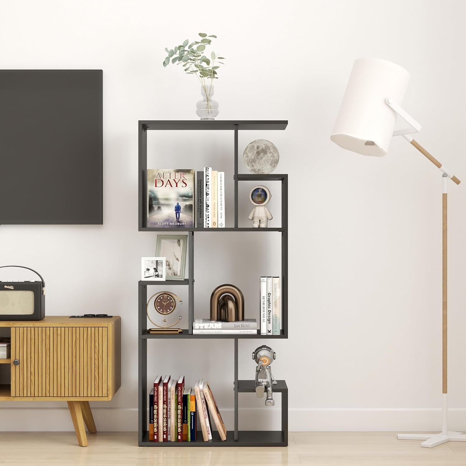 Modern 3-Tier Slim Bookcase Room Divider, Asymmetric Display Storage Unit