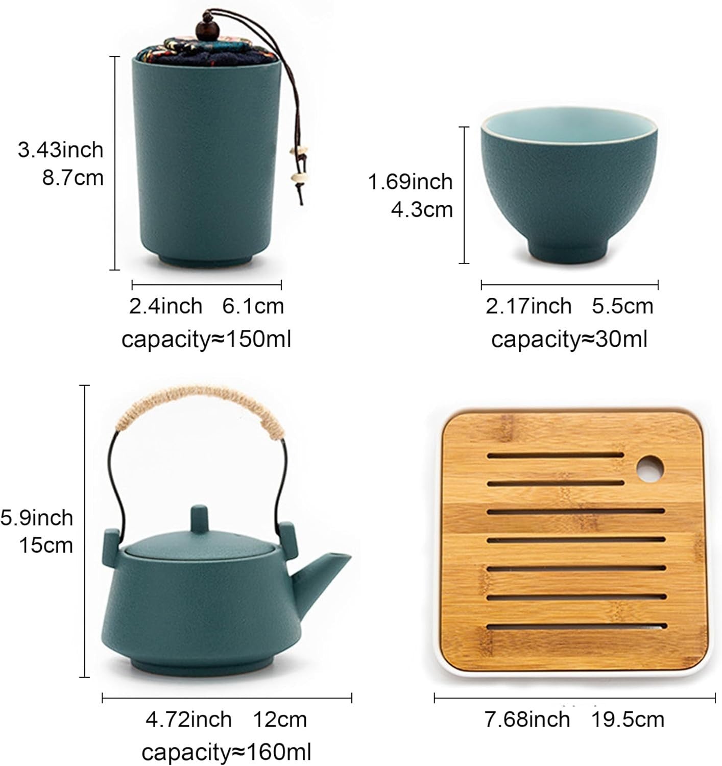 Portable Gongfu Tea Set Ceramic Teapot Cups Bamboo Tray Travel Bag