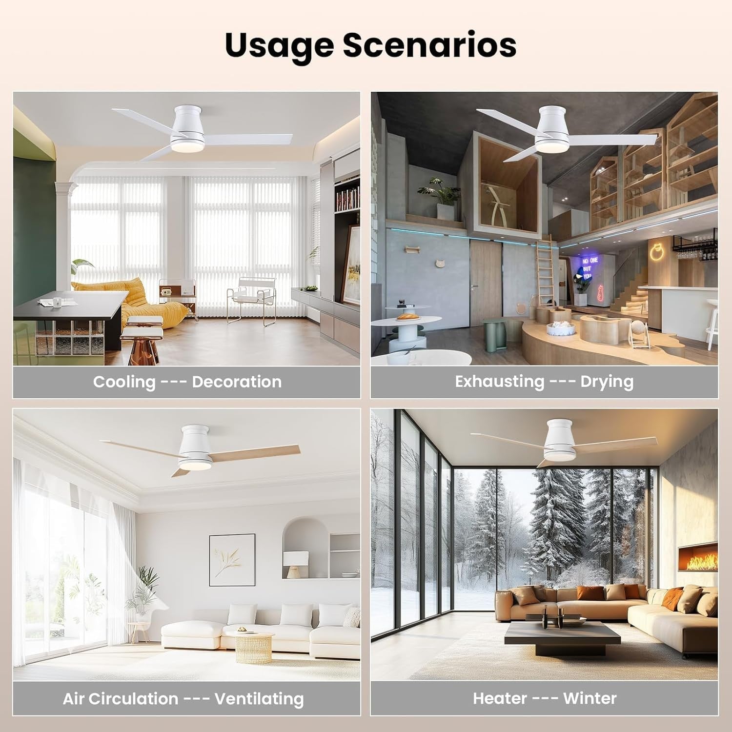 CJOY 52" Ceiling Fan with Lights 6 Speeds Reversible DC Motor White