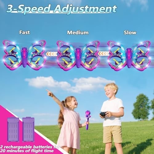 Kids Butterfly Drone RC Quadcopter with Lights, 2 Batteries & Stunts