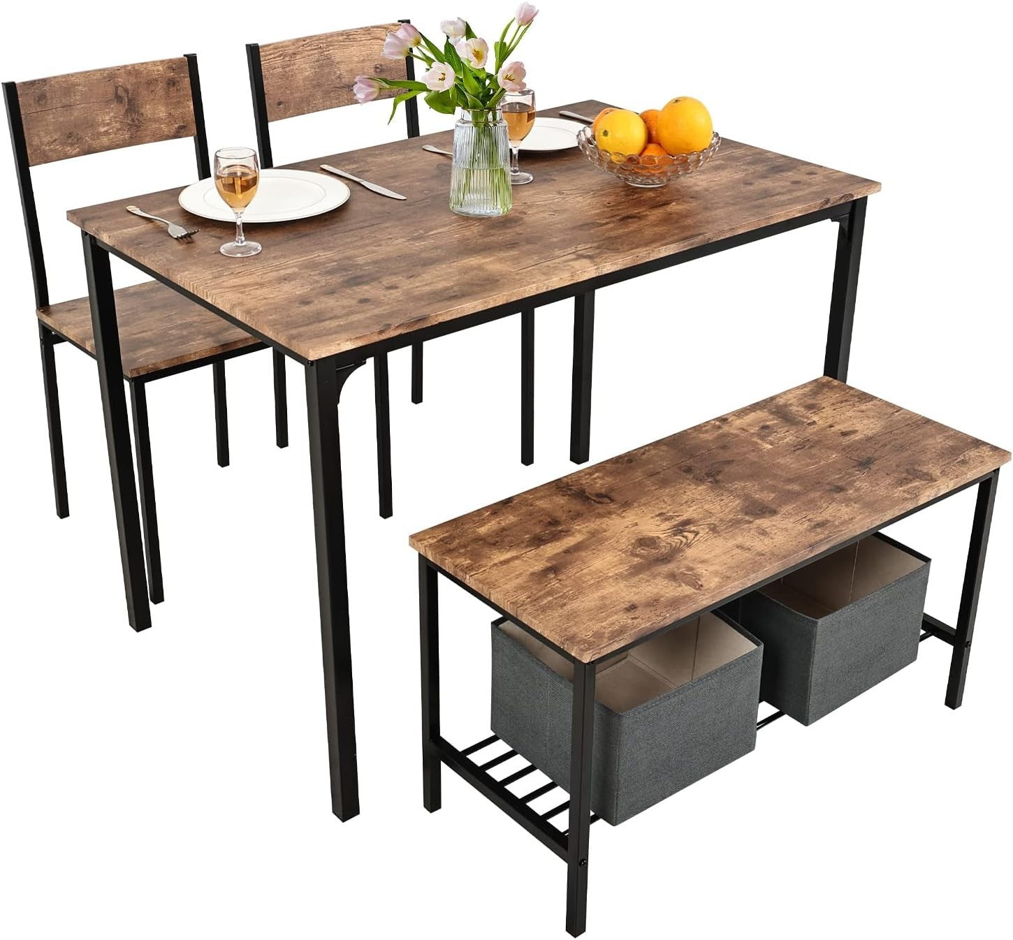 Rustic Dining Table Set with Bench & 2 Chairs – Space-Saving Kitchen Furniture