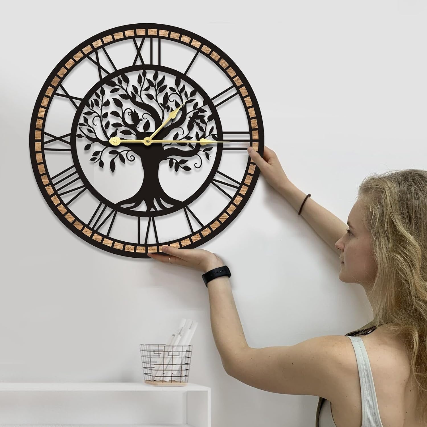 Large Tree of Life Wall Clock 24in – Silent Modern Metal Decor for Living Room