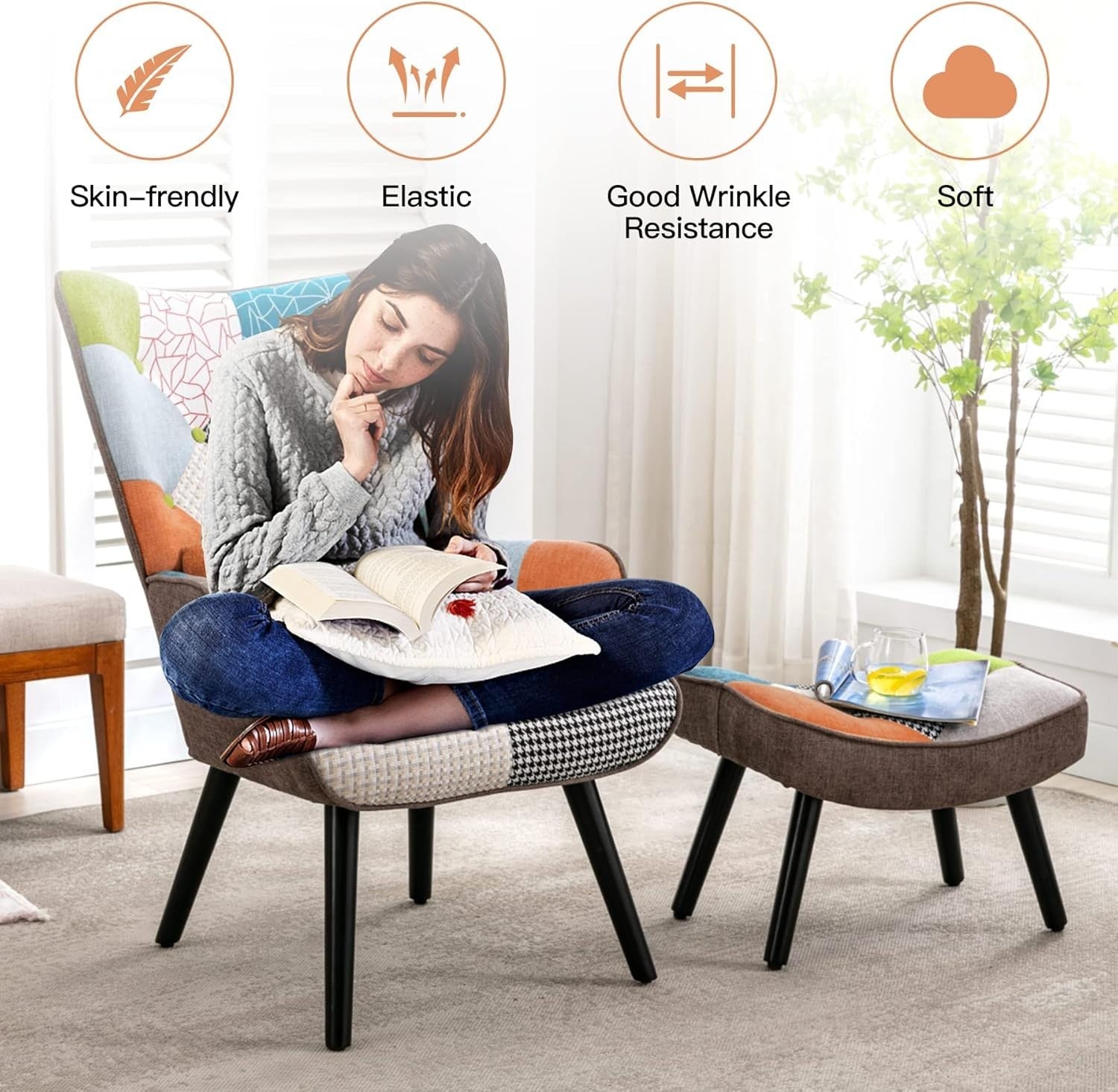 High Back Patchwork Armchair w/ Footstool Reading Lounge Chair