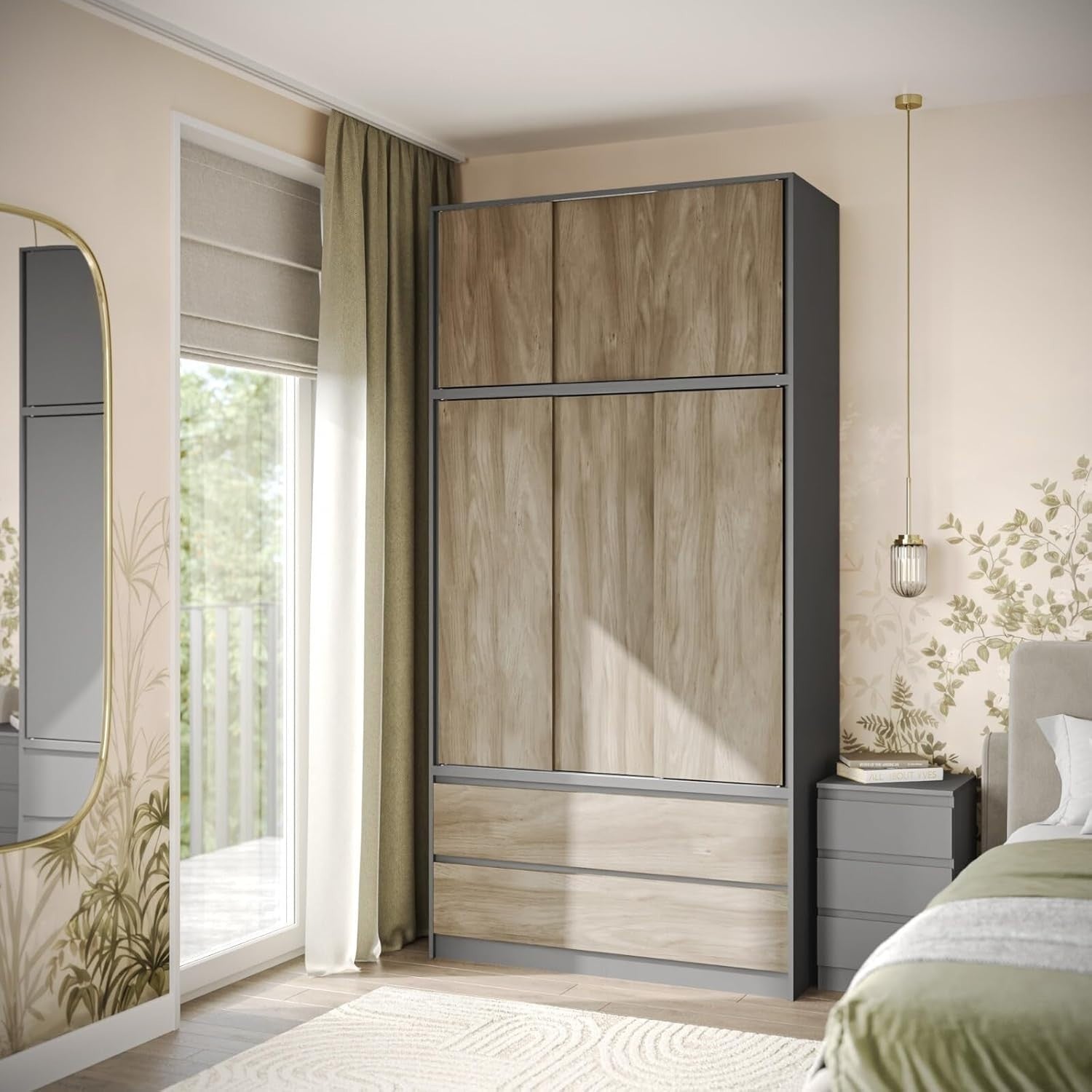 Oak Sliding Wardrobe 240cm 6 Doors 4 Drawers Bedroom Closet Storage Unit