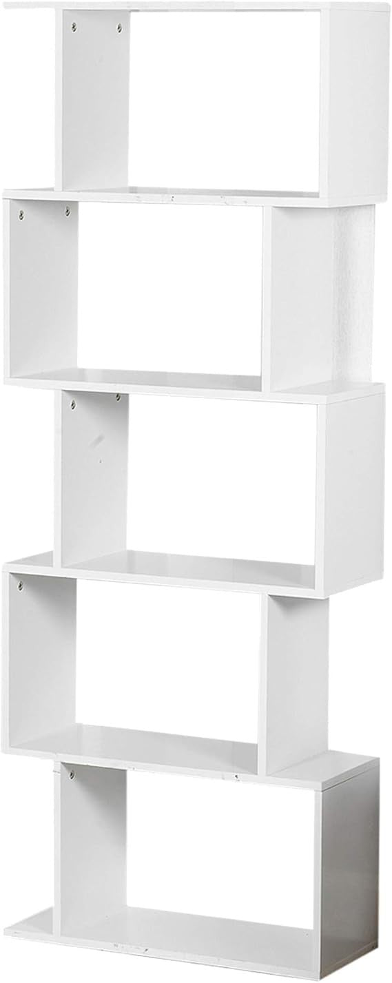 White S-Shaped 5 Tier Display Shelf | Modern Bookcase Storage Divider Unit