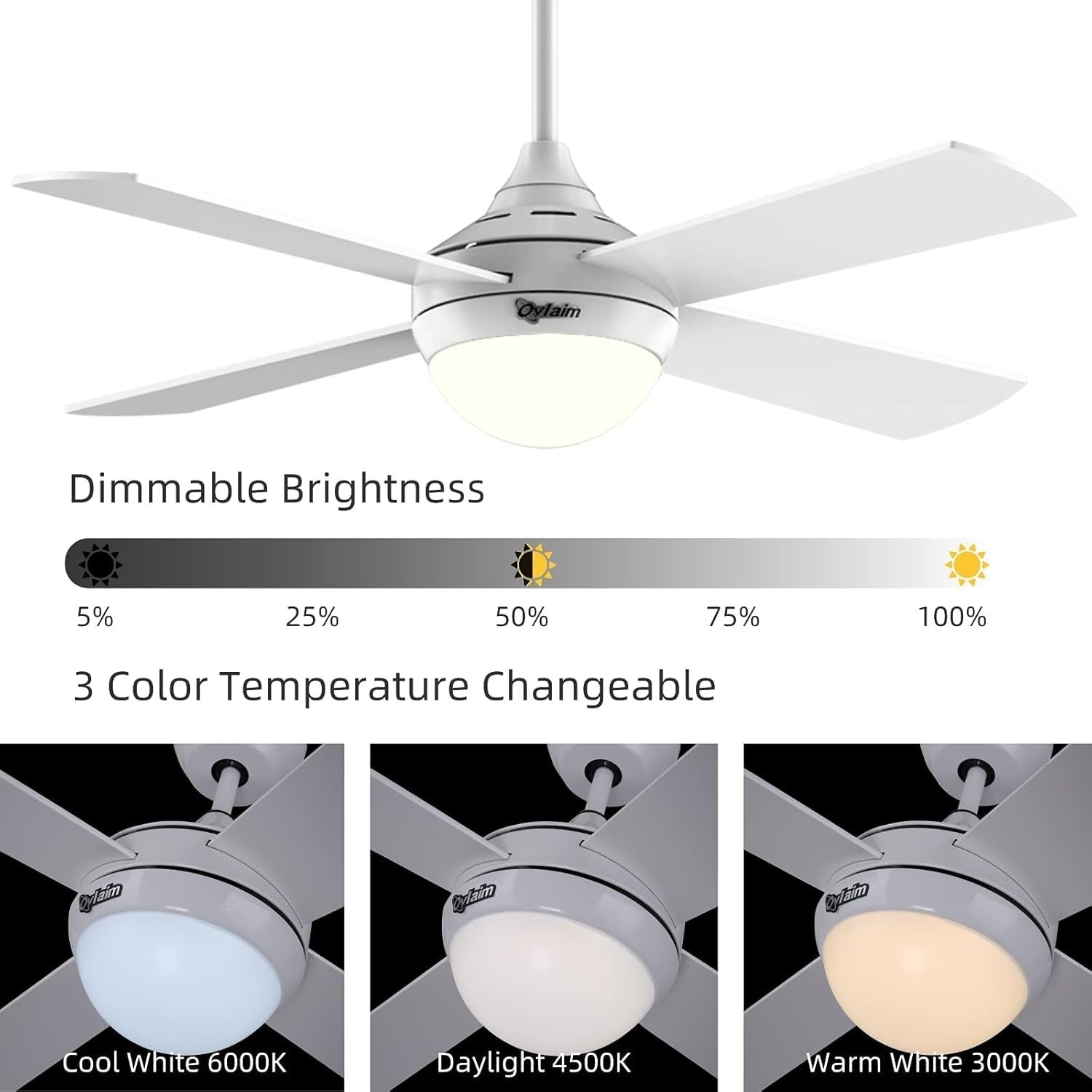 Ovlaim 48-Inch Ceiling Fan with Light, 4 Blades, 3-Color LED, Remote Control