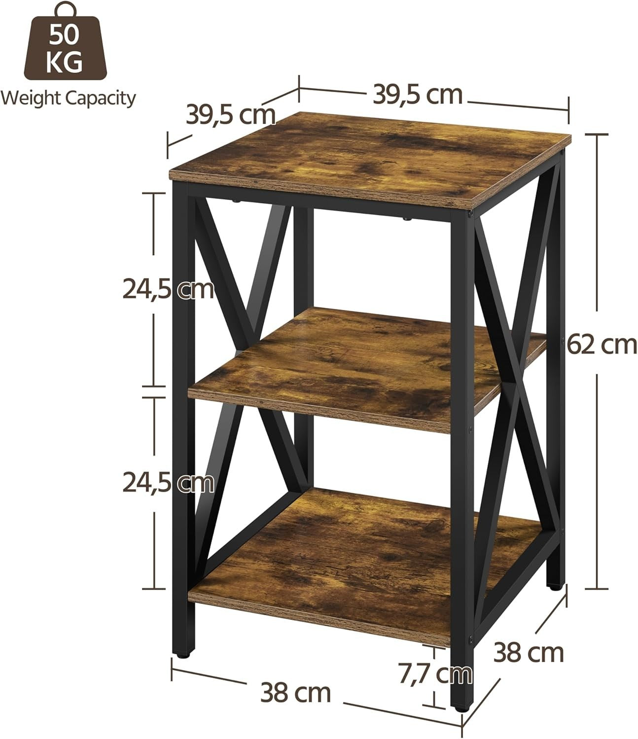 Set of 2 Rustic Brown 3-Tier Side Tables with Storage, Sturdy X-Frame