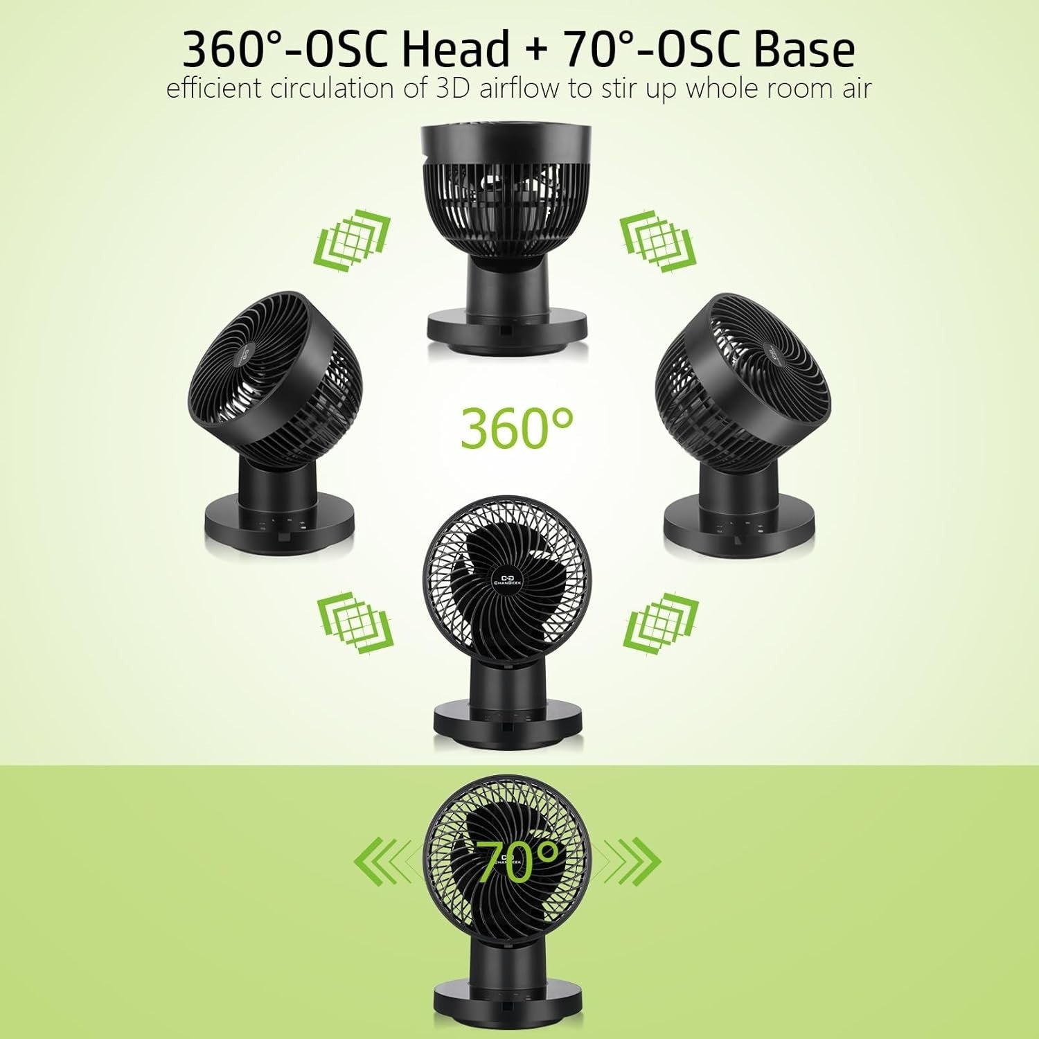 8" USB Air Circulator Fan – 360°+70° Oscillation 8-Speed Quiet Cooling Black