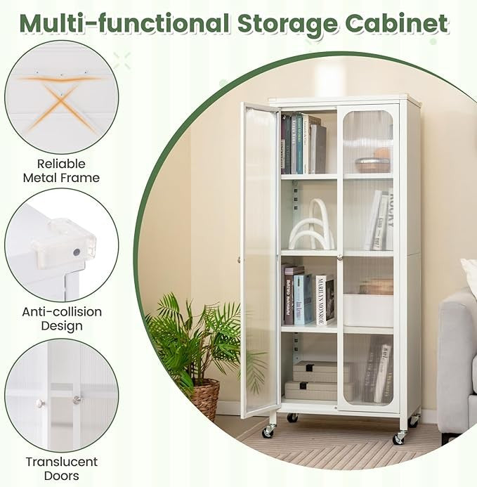 White Metal Storage Cabinet with Translucent Doors, Adjustable Shelves & Wheels