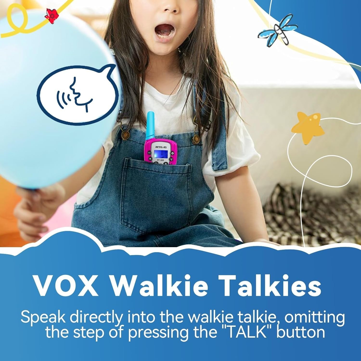 Kids Walkie Talkie VOX Flashlight Clear Sound Toy Gift Blue Pink 1Pc