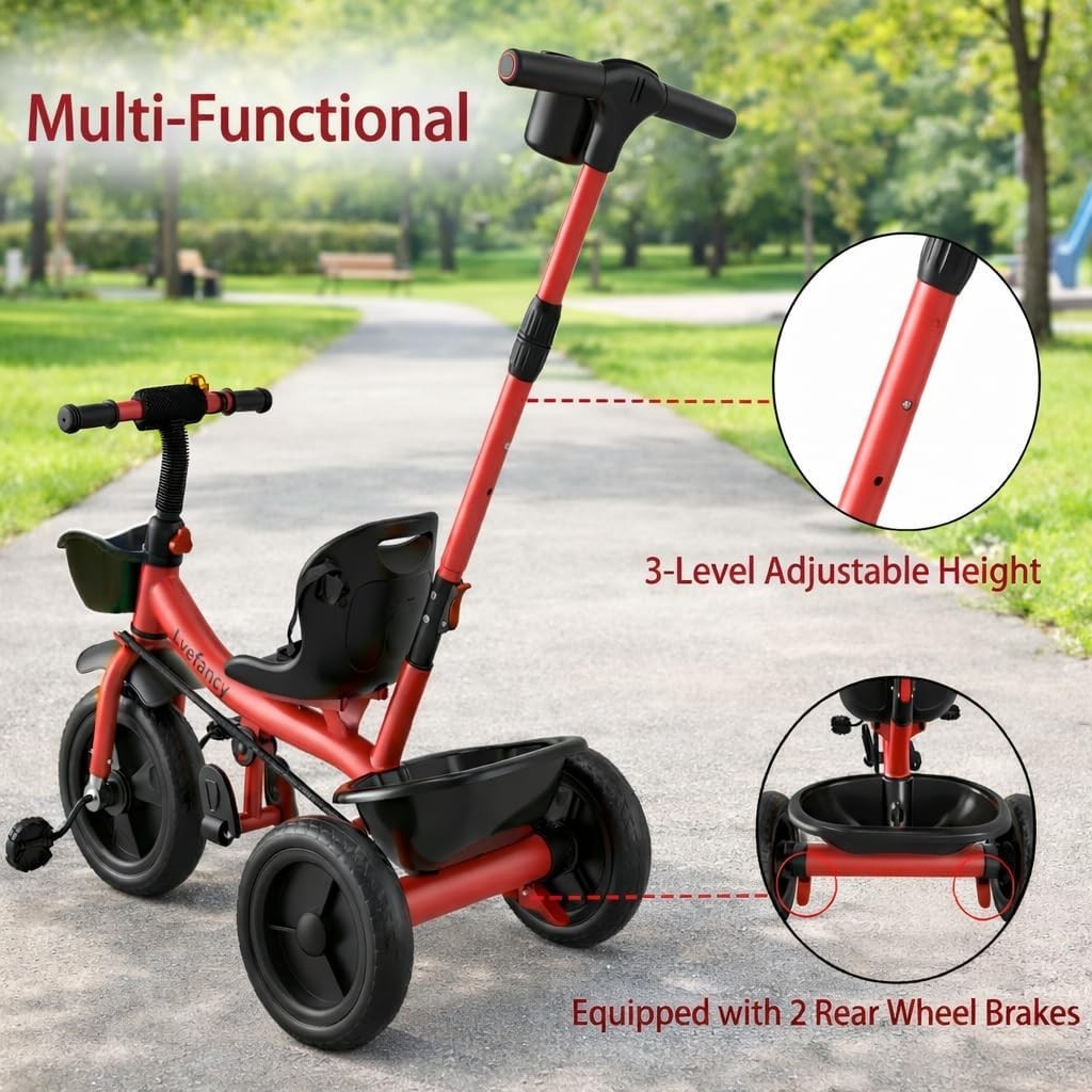 Kids Tricycle 2 In 1 Push Trike Parent Handle Adjustable Seat Red