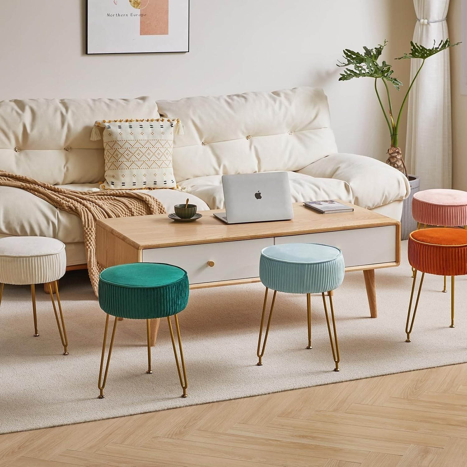 Light Blue Velvet Vanity Stool — Round Footstool with Gold Legs