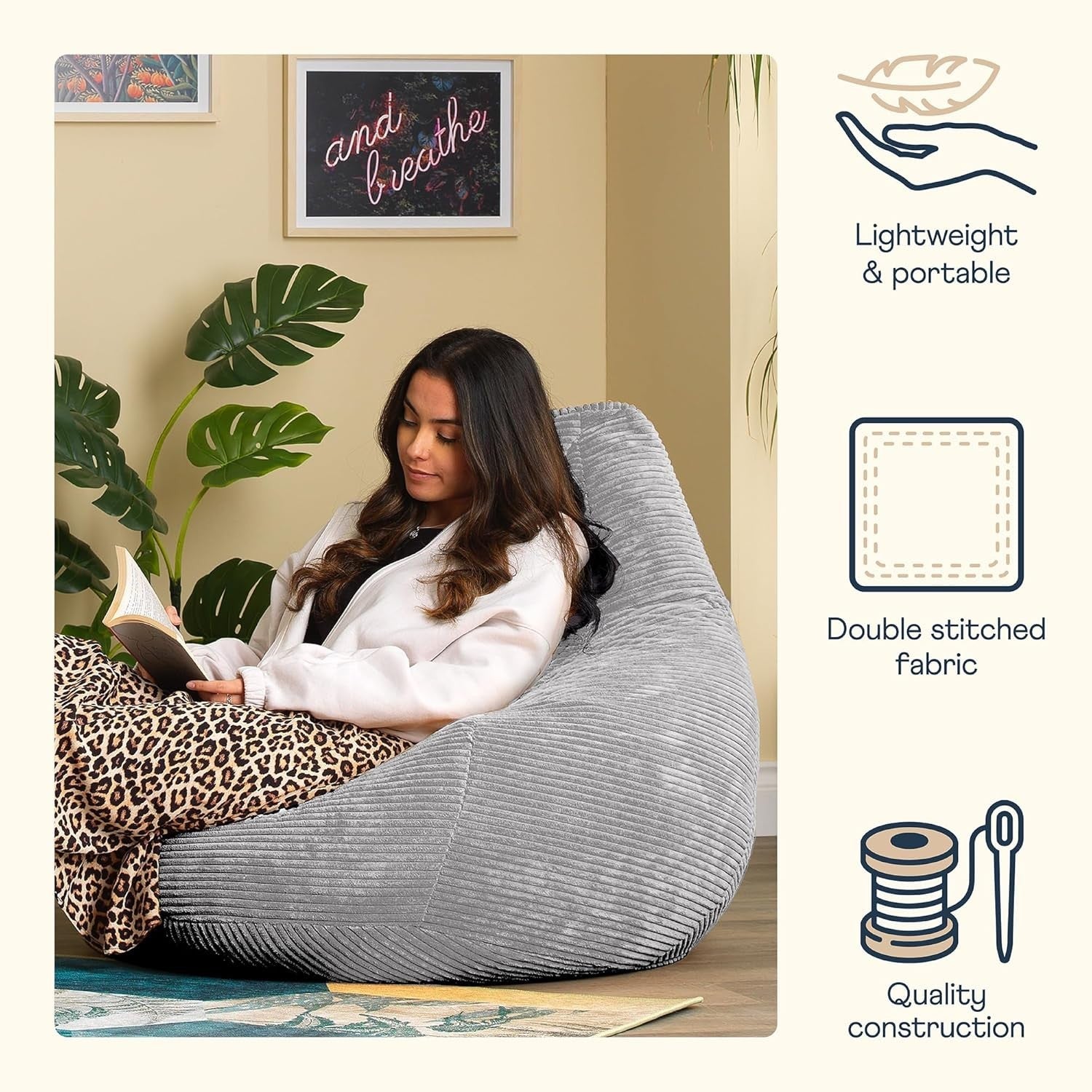 Grey Cord Recliner Bean Bag Chair Adult Lounge Seat Soft Comfy Armchair