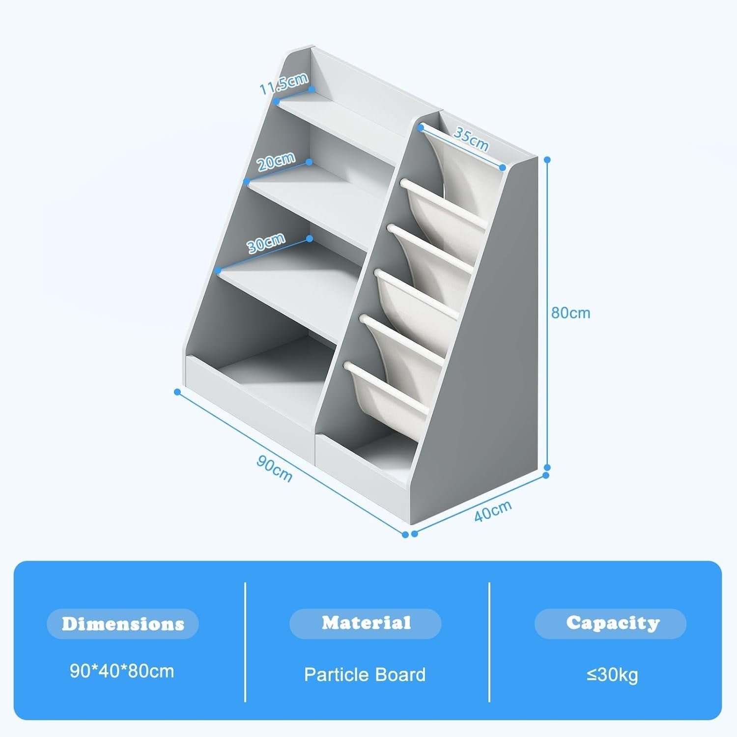 Kids Bookshelf 5 Tier Wooden Book Rack Toy Storage Organizer Grey