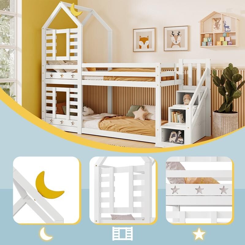 White Wooden Kids Bunk Bed with Storage Stairs Cabin Style 3FT Pine Twin Sleeper