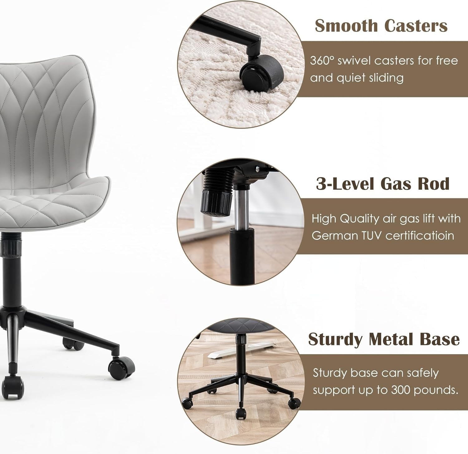 Armless Swivel Office Desk Chair Cushioned Rolling Home Study Grey Faux Leather