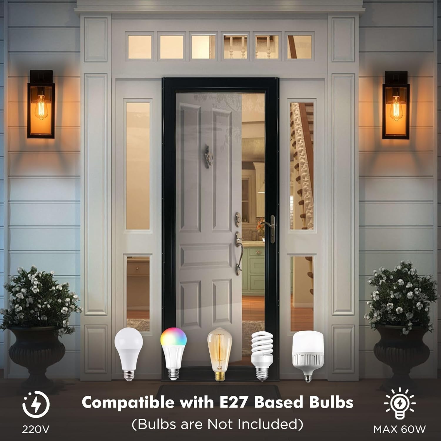 2 Pack Outdoor Wall Lantern Lights E27 IP44 Waterproof Black Sconces