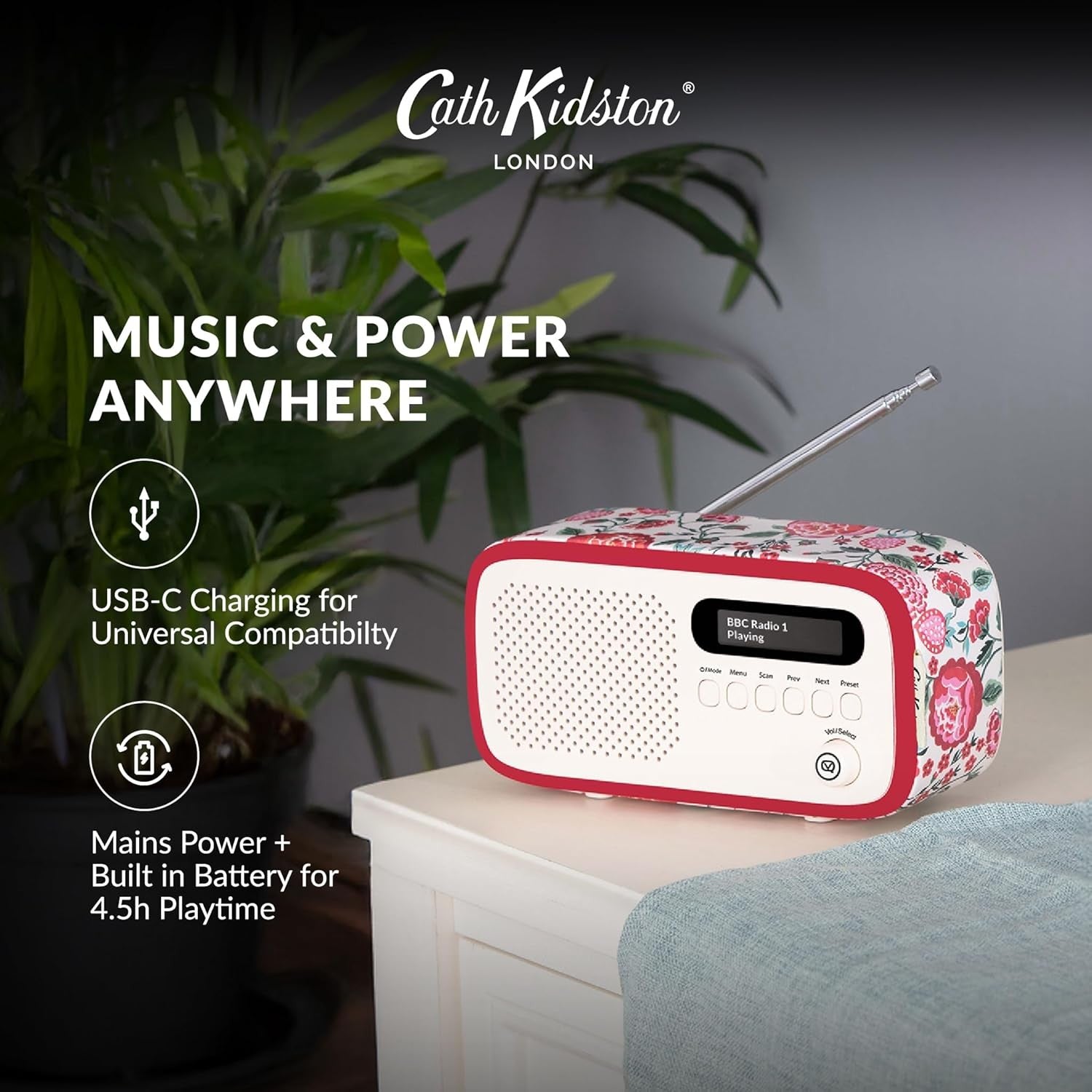 DAB Digital Radio Bluetooth Rechargeable Alarm Clock Floral Portable