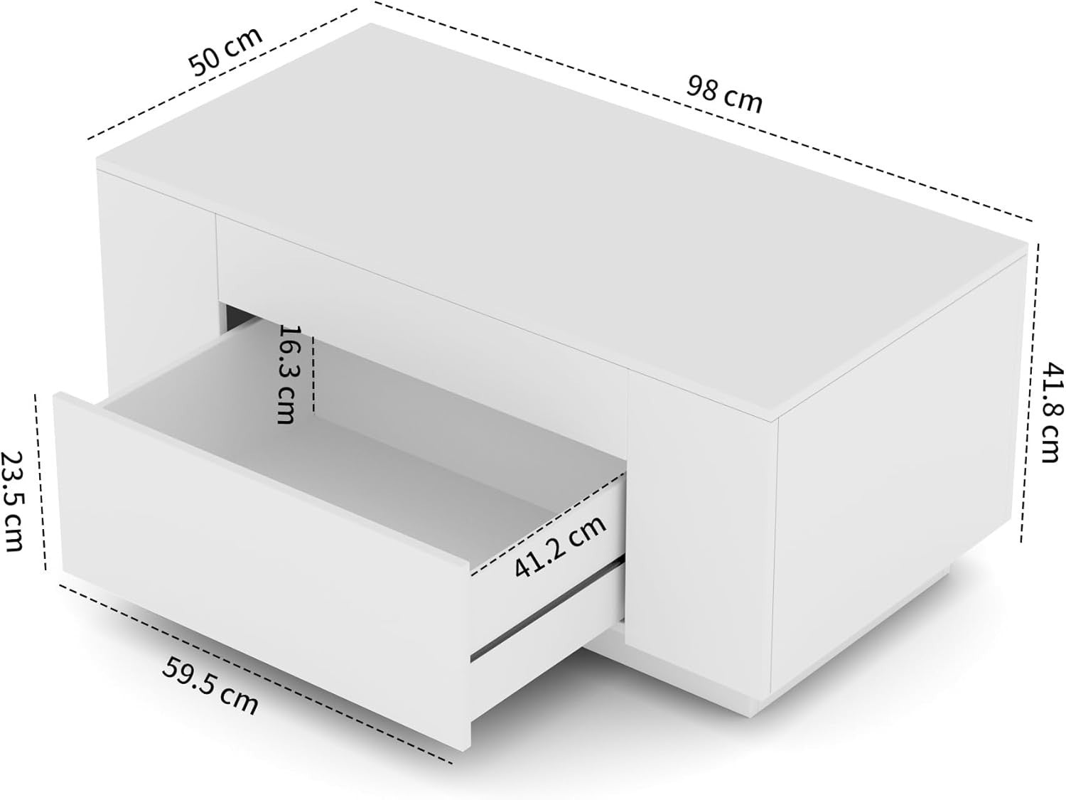White Coffee Table with Hidden Storage Drawer – Modern 98x50cm Living Room
