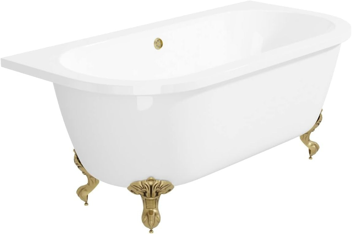 1700x745mm Freestanding Double Ended Back-to-Wall Bath Brass Feet White Acrylic