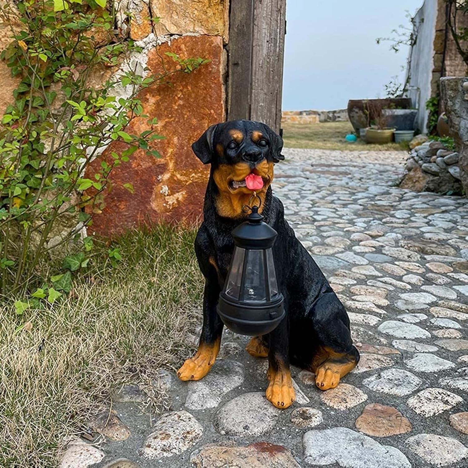 Rottweiler Garden Dog Statue with Solar Lantern Outdoor Resin Ornament