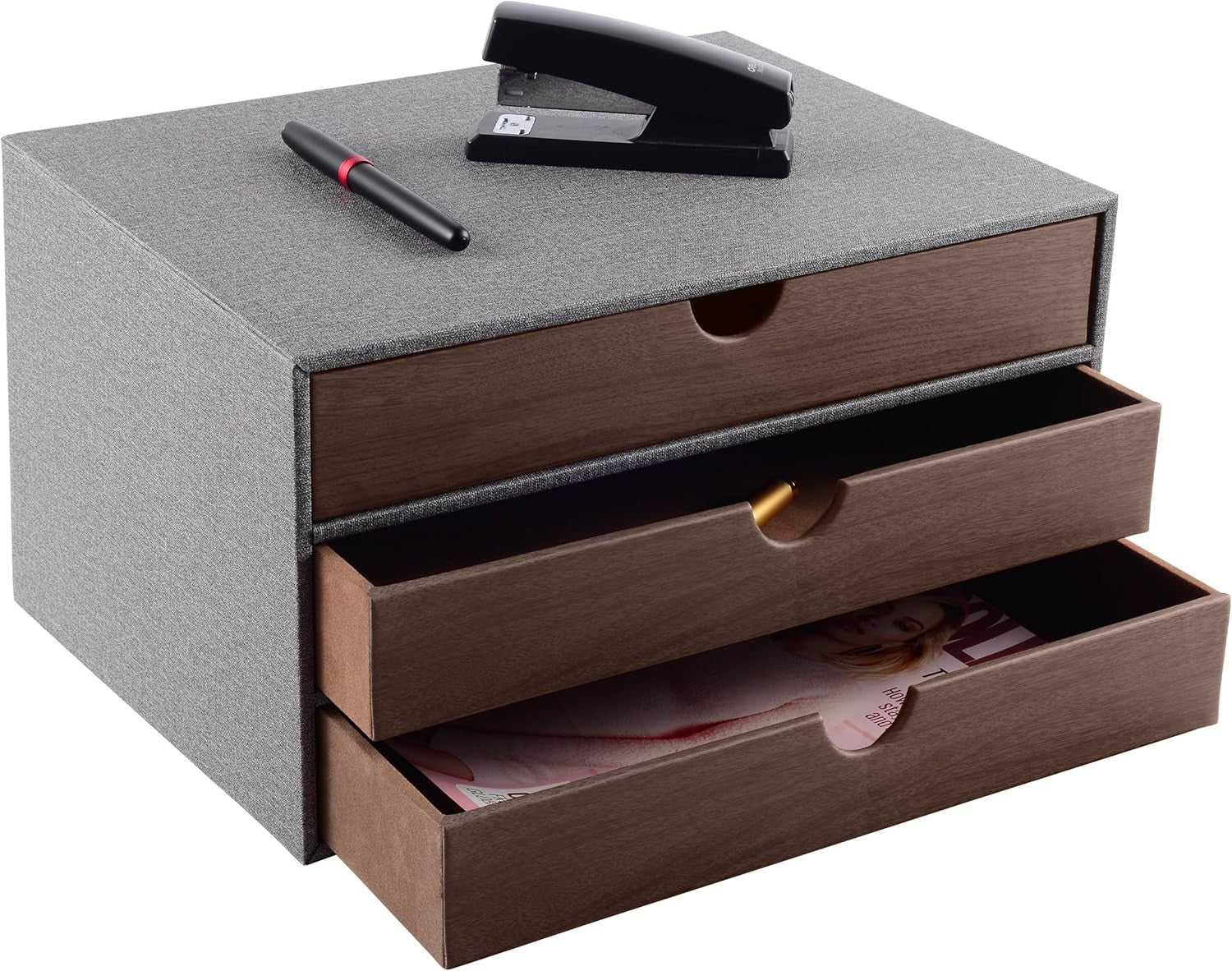 Grey PU Leather Desk Organizer with 3 Drawers for Office & Home