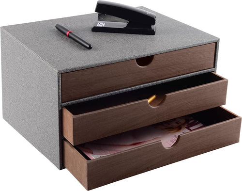 Grey PU Leather Desk Organizer with 3 Drawers for Office & Home