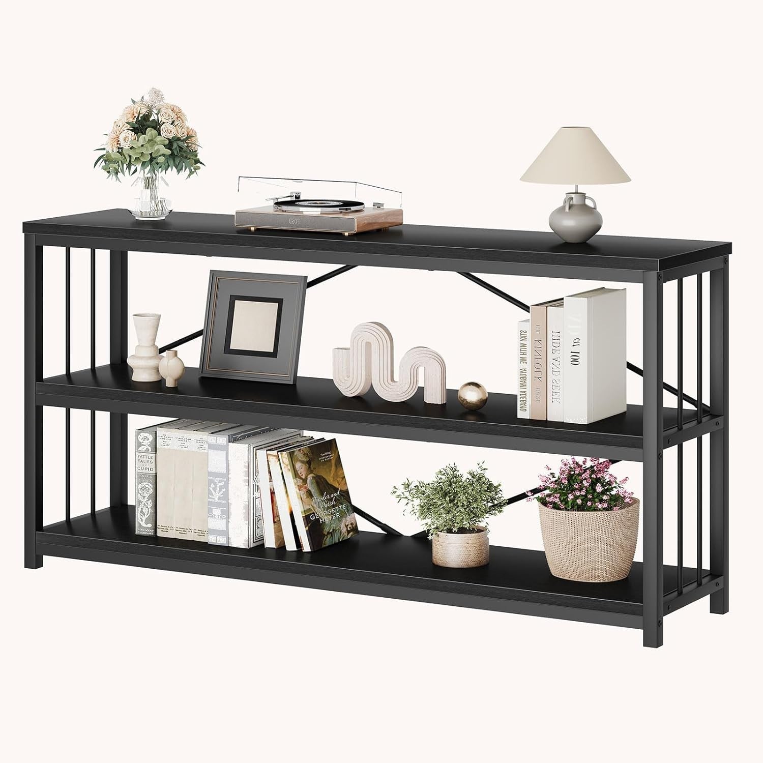Modern Industrial Black Oak Console Table 160x34x74 cm Storage Shelf