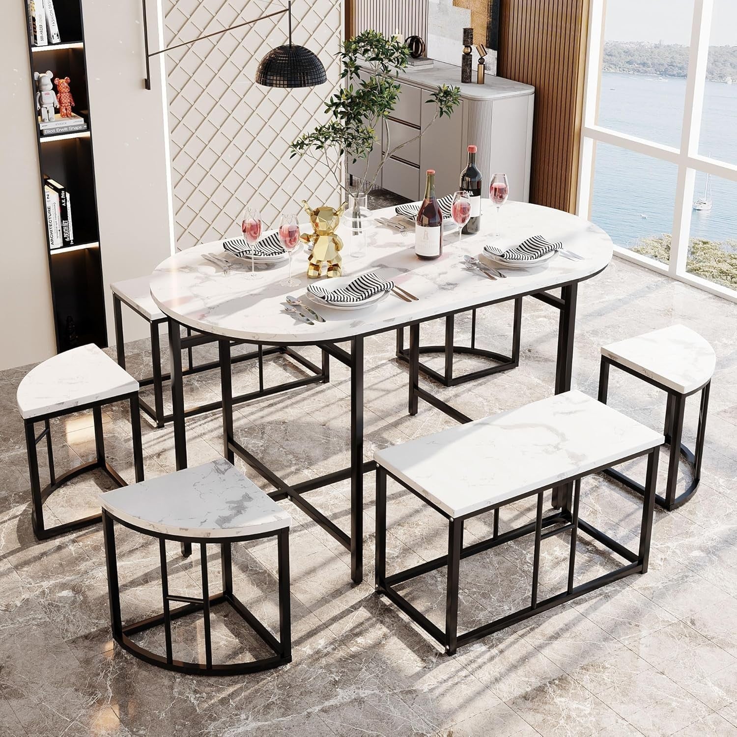 Modern 6-Seater Dining Table Set with Marble Effect Top & Cushioned Chairs